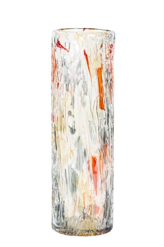 Vaso di vetro trasparente e colore grigio, arancio, rosso e giallo. Misure  diametro apertura 12x12 altezza 39 cm.