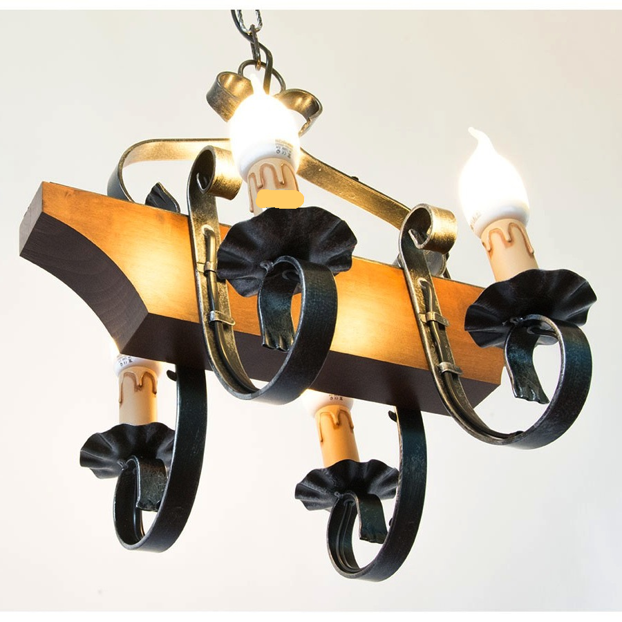 Lampade, Lampadario tronchetto in ferro e legno a 4 luci