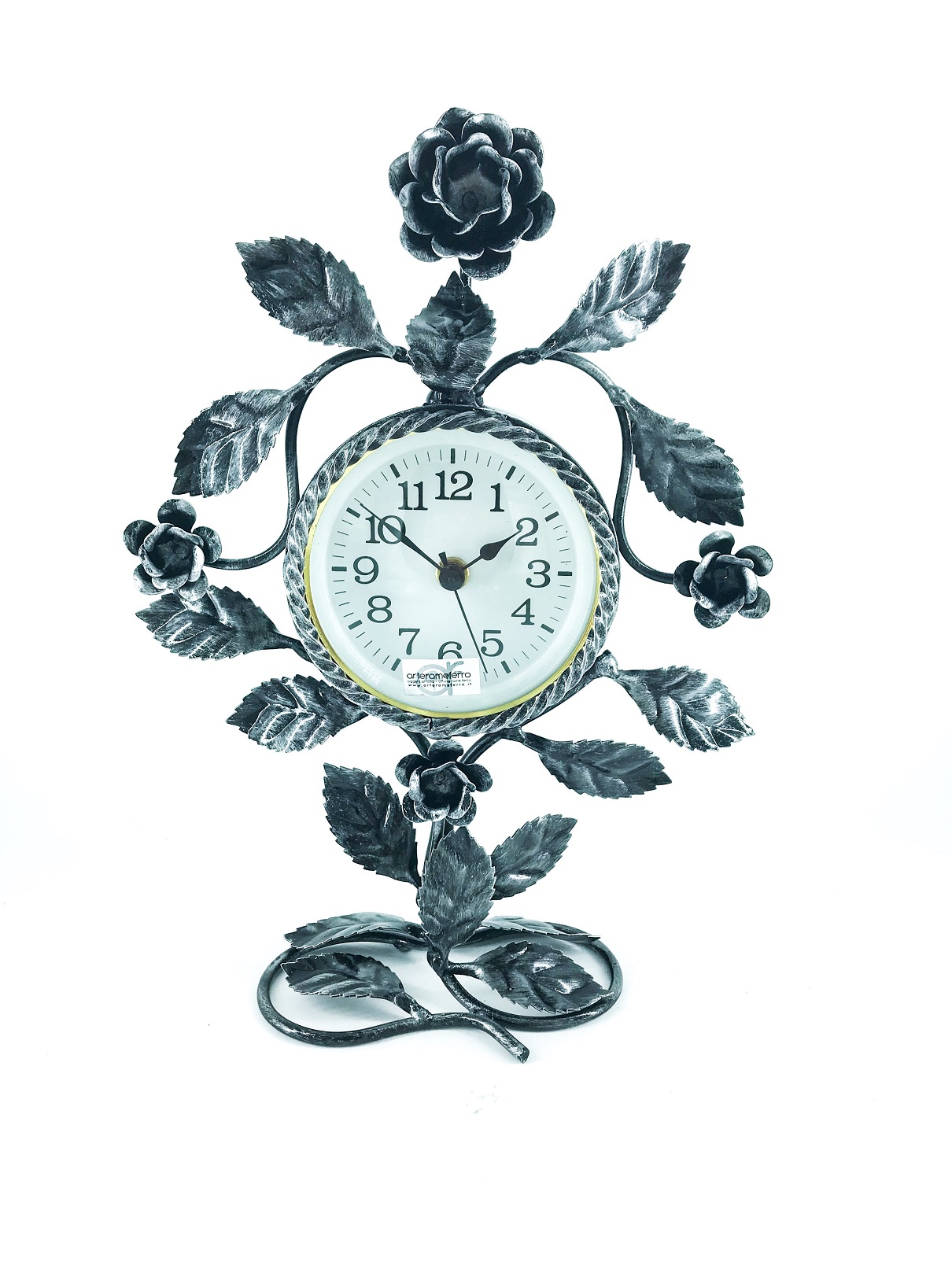 Orologio da tavolo in ferro nero sfumato argento con rose e foglie